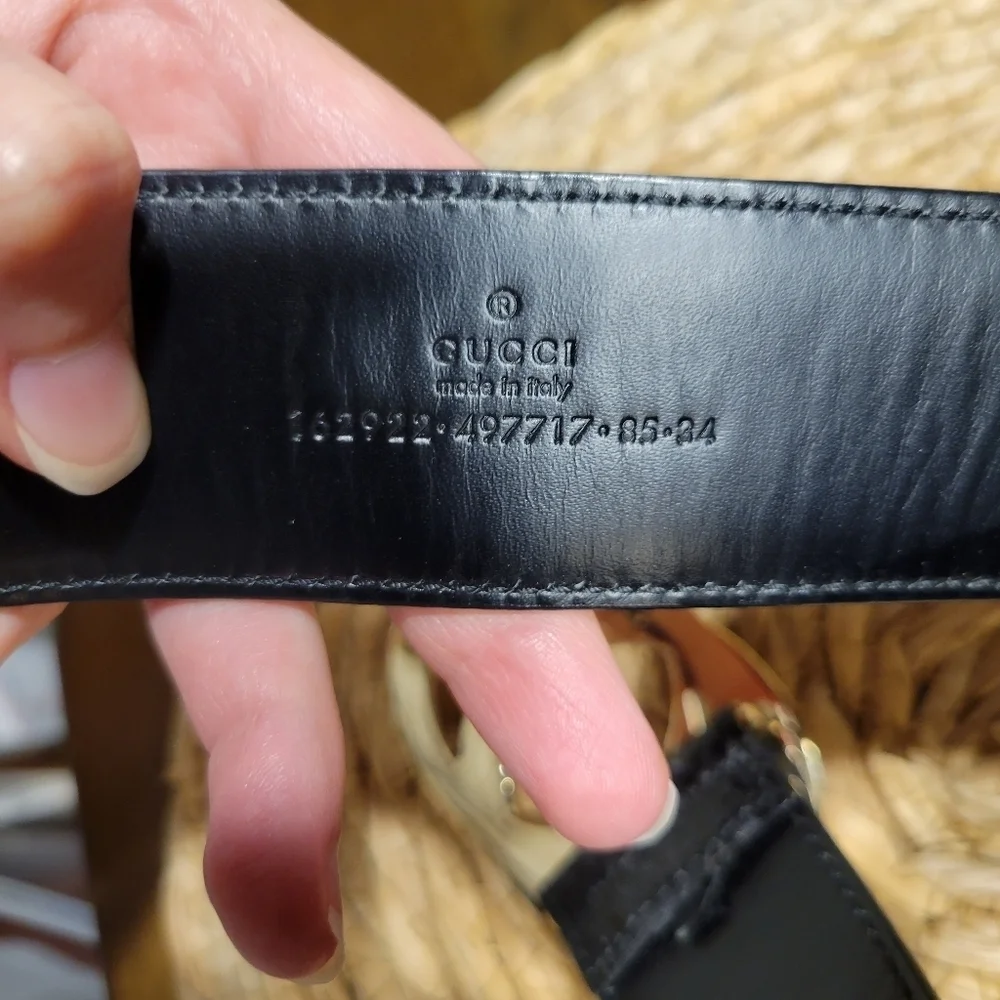 Vintage GUCCI Black Python Snake Leather Belt Gold Buckle GG Size 85